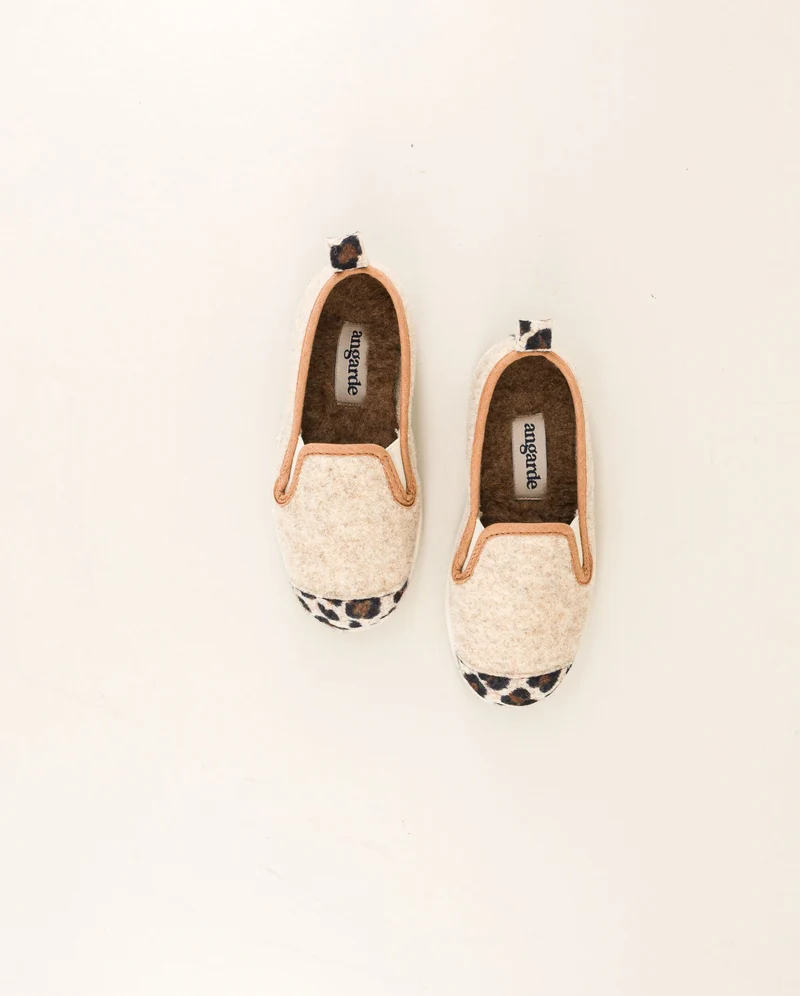 Chausson enfant Bruson, laine beige léopard