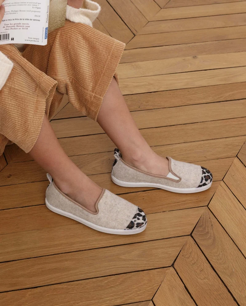 Chausson enfant Bruson, laine beige léopard
