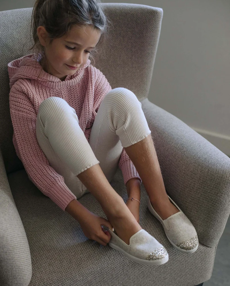 Chausson enfant Bruson, laine beige paillettes