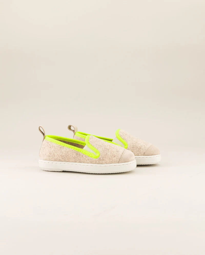 Chausson enfant Bruson, laine beige jaune fluo