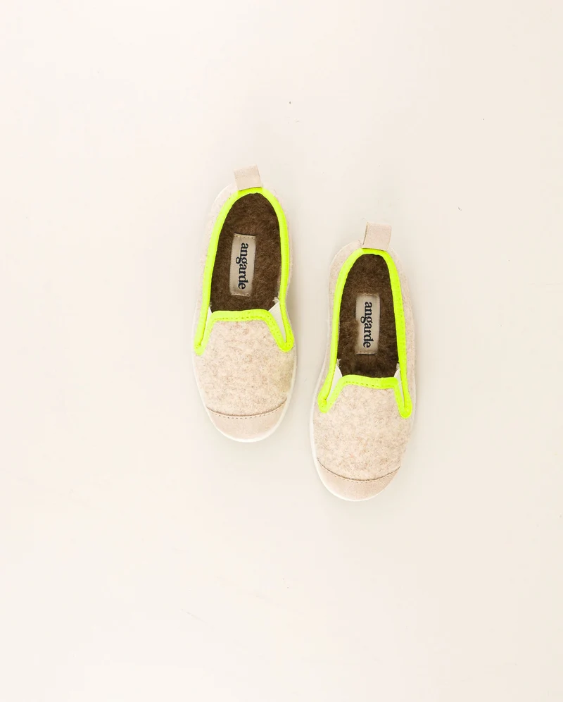 Chausson enfant Bruson, laine beige jaune fluo