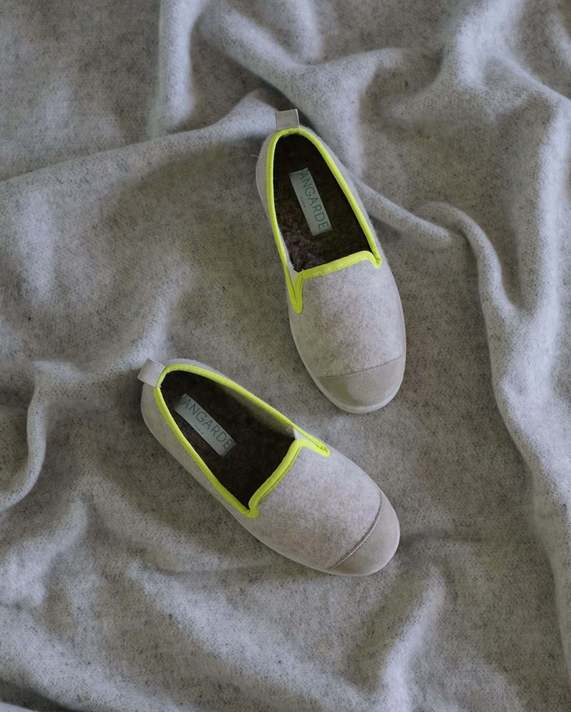 Chausson enfant Bruson, laine beige jaune fluo