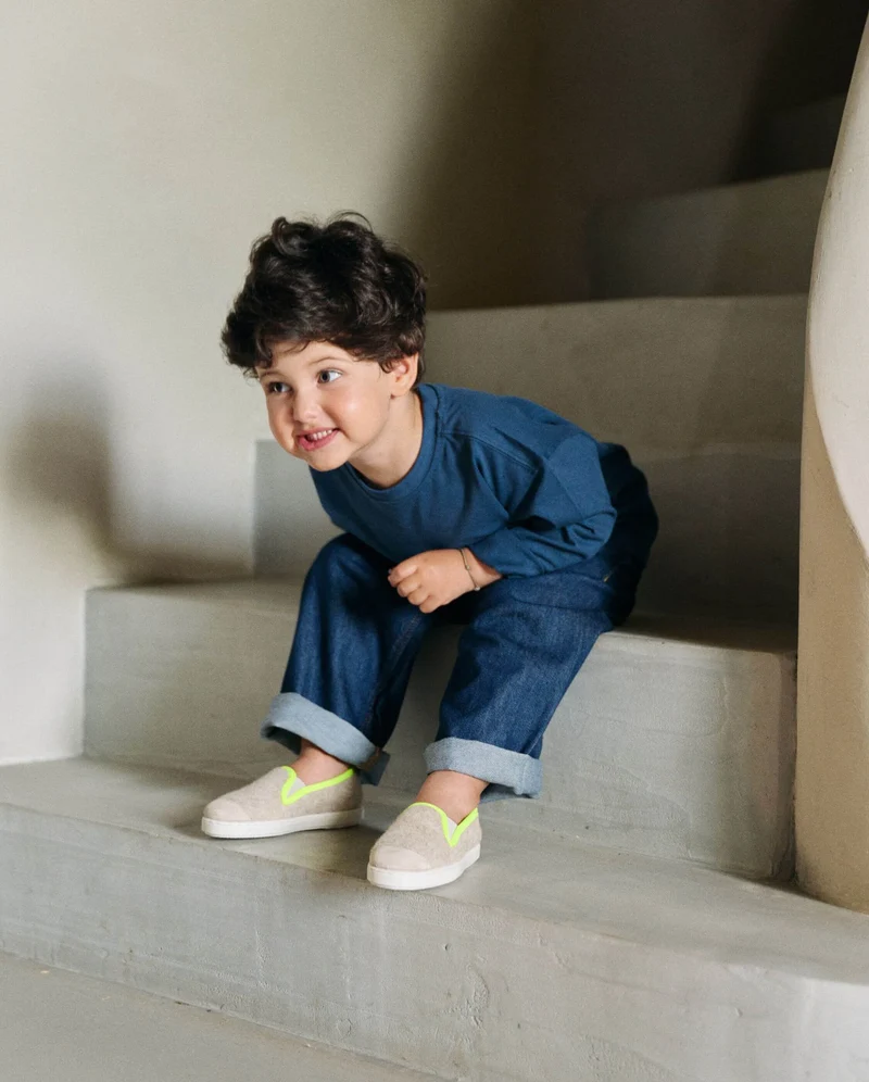 Chausson enfant Bruson, laine beige jaune fluo