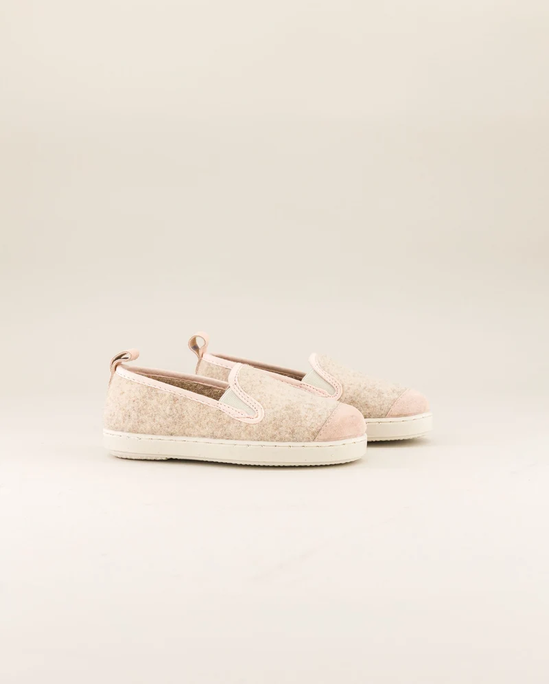 Chausson enfant Bruson, laine beige rose poudré