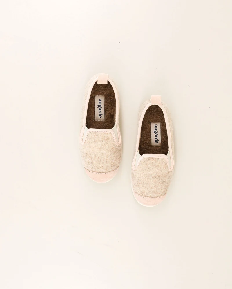 Chausson enfant Bruson, laine beige rose poudré