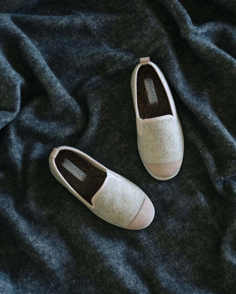 Chausson enfant Bruson, laine beige rose poudré