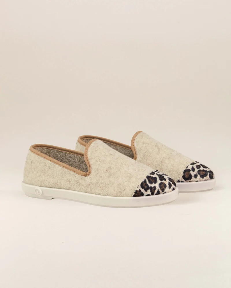 Chausson femme Bruson, laine beige léopard