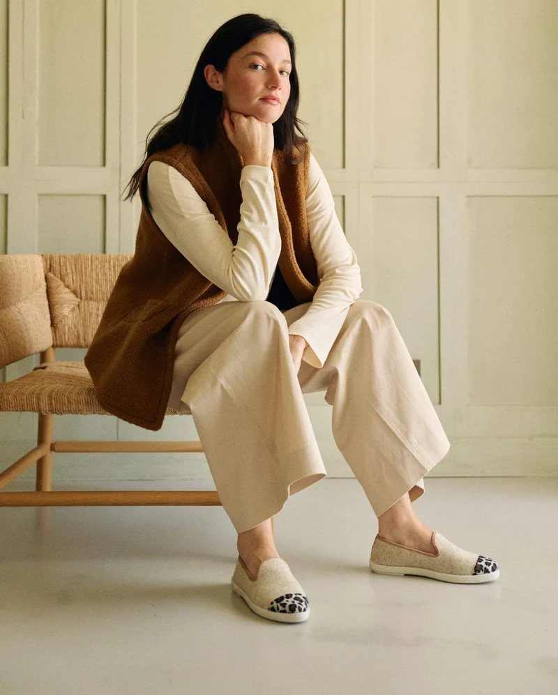 Chausson femme Bruson, laine beige léopard