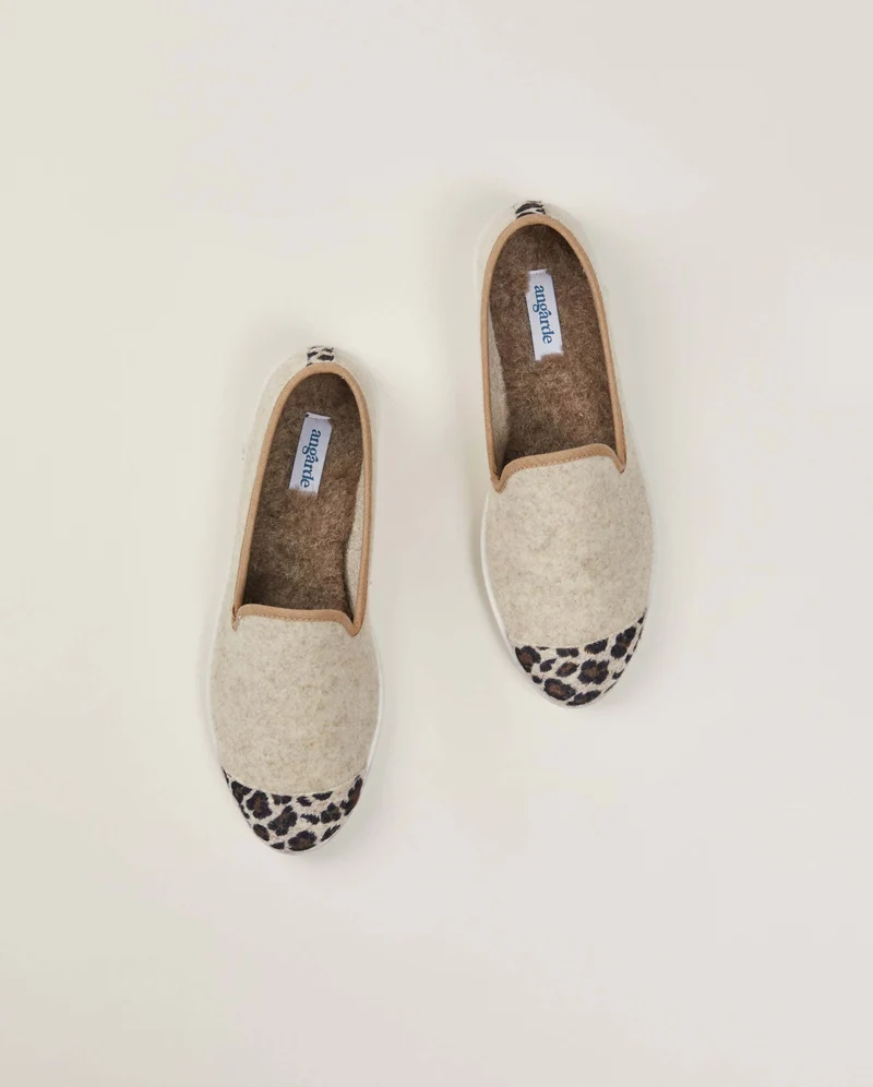 Chausson femme Bruson, laine beige léopard