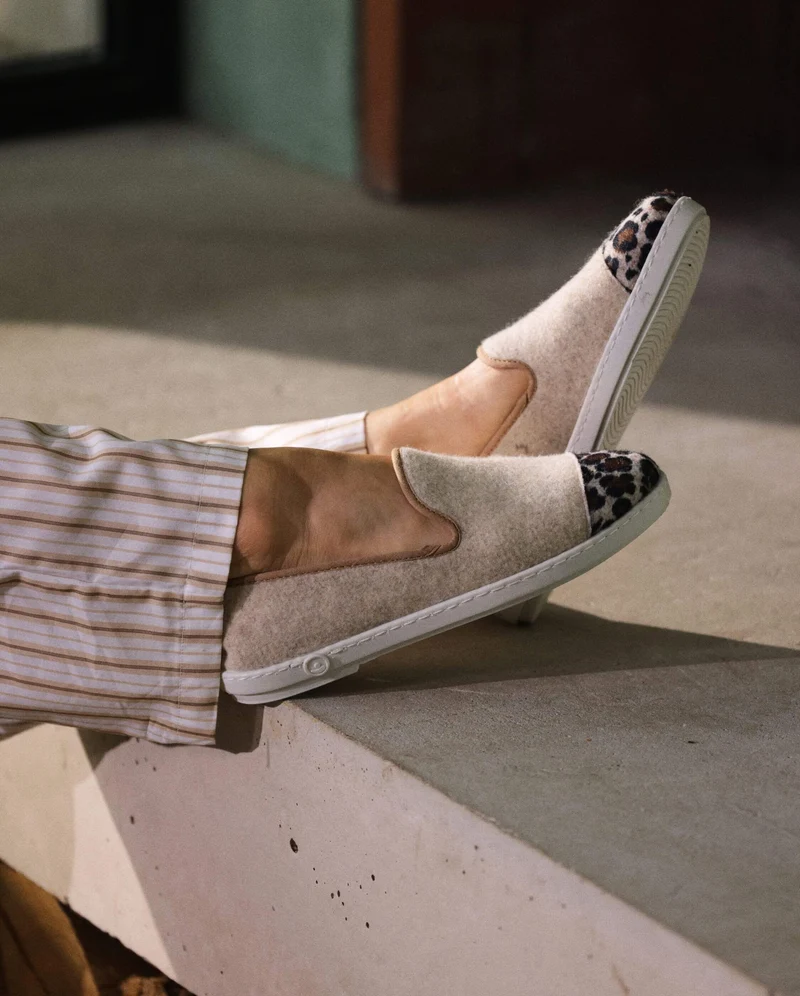 Chausson femme Bruson, laine beige léopard