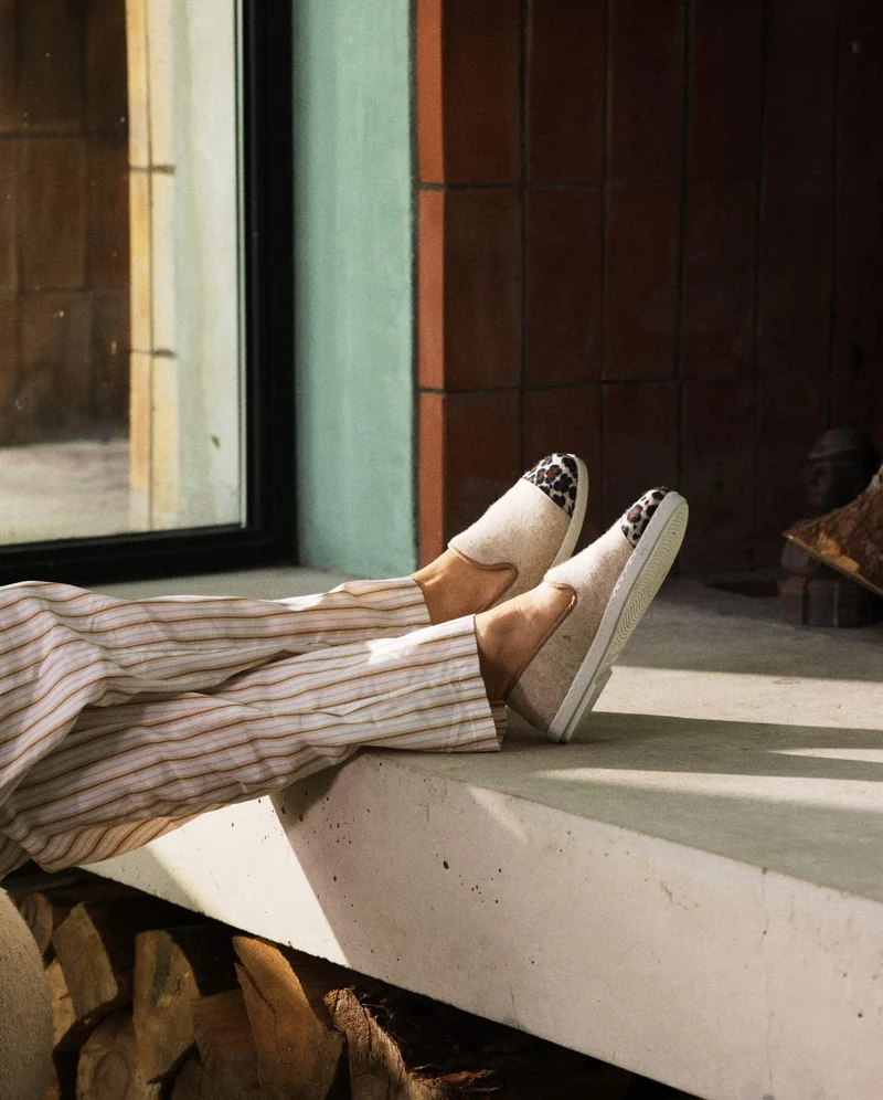Chausson femme Bruson, laine beige léopard