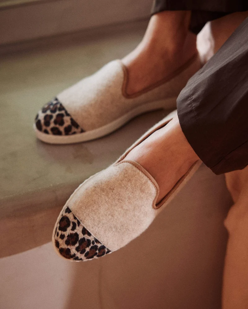 Chausson femme Bruson, laine beige léopard