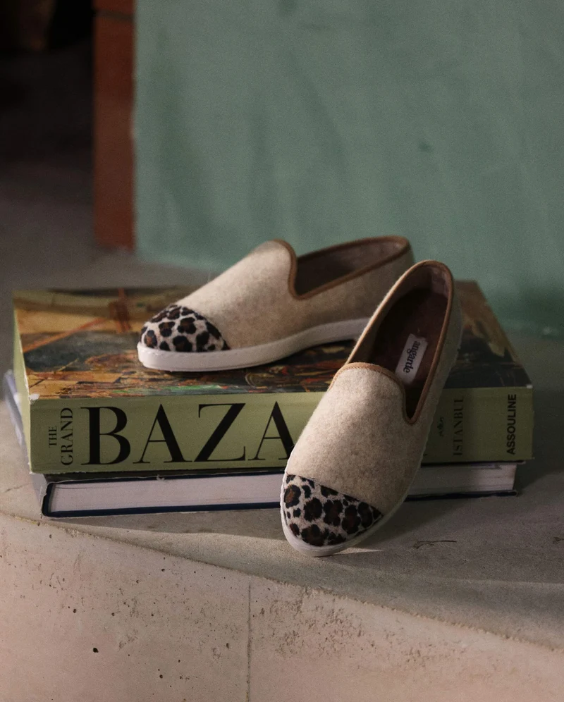 Chausson femme Bruson, laine beige léopard