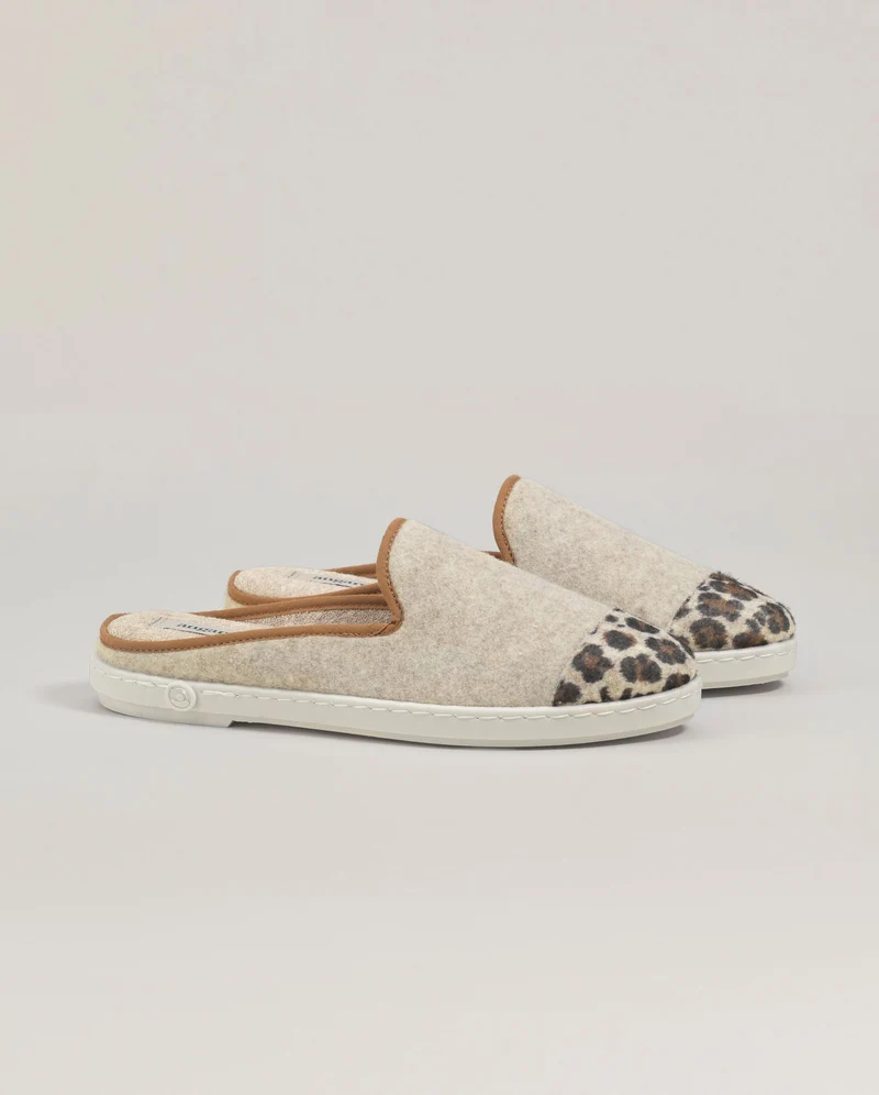 Mule femme Aime, laine beige léopard