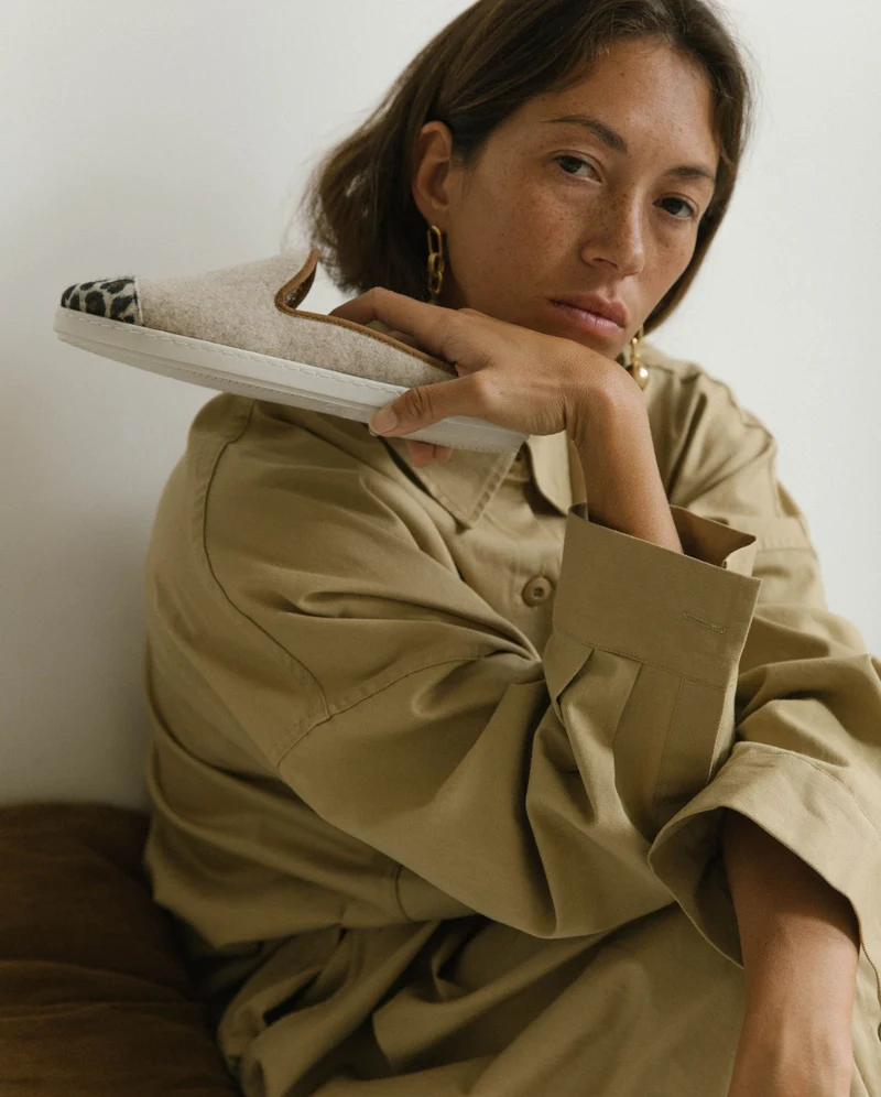 Mule femme Aime, laine beige léopard