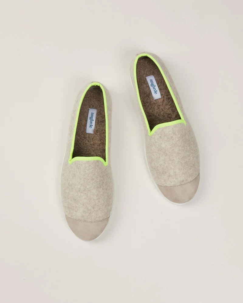 Chausson homme Bruson, laine beige jaune fluo