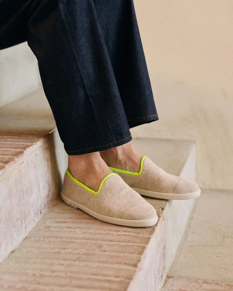 Chausson homme Bruson, laine beige jaune fluo