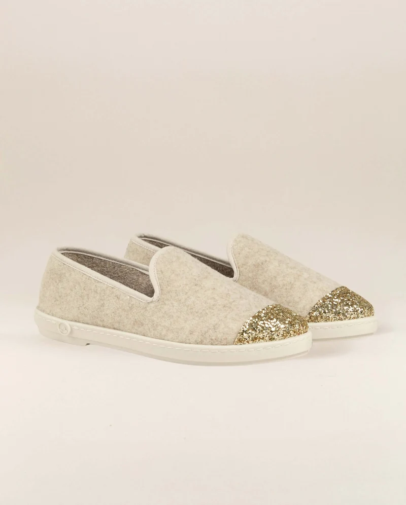 Chausson femme Bruson, laine beige paillettes
