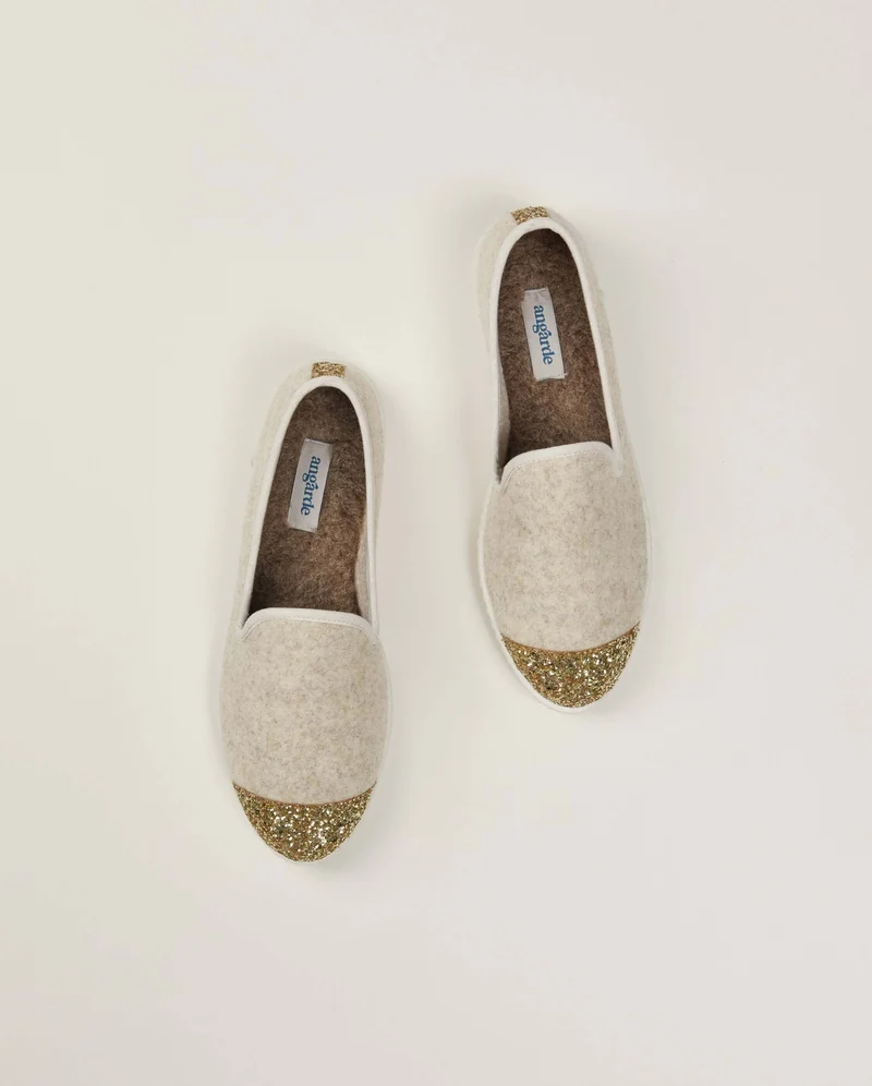 Chausson femme Bruson, laine beige paillettes