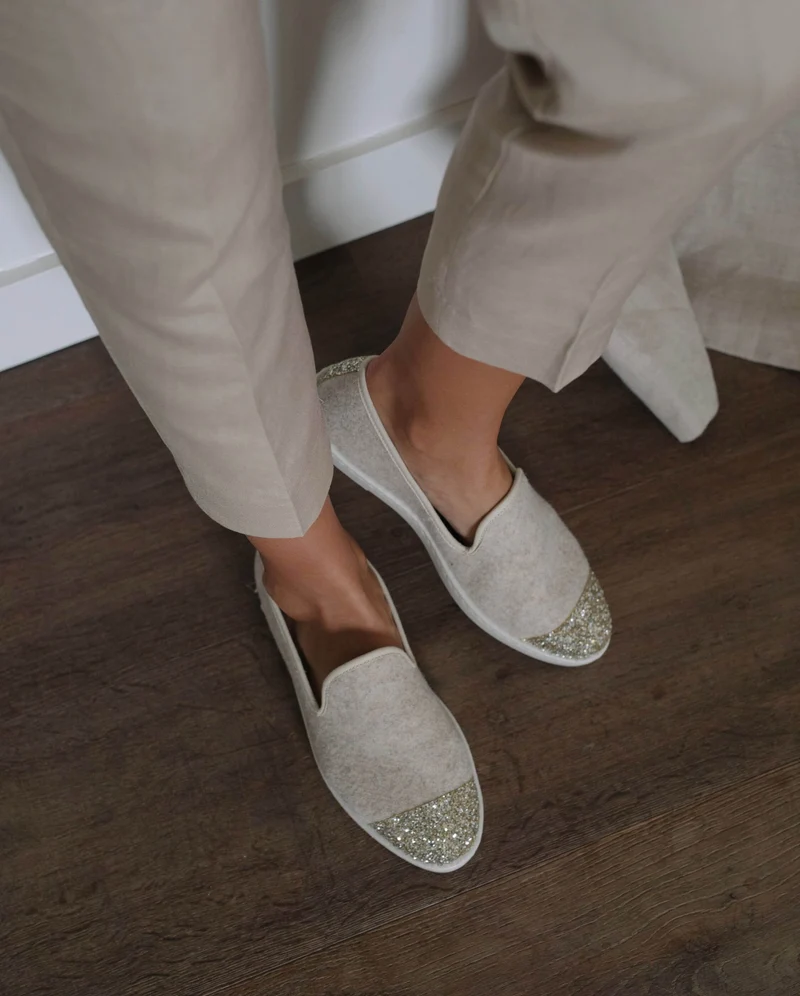 Chausson femme Bruson, laine beige paillettes