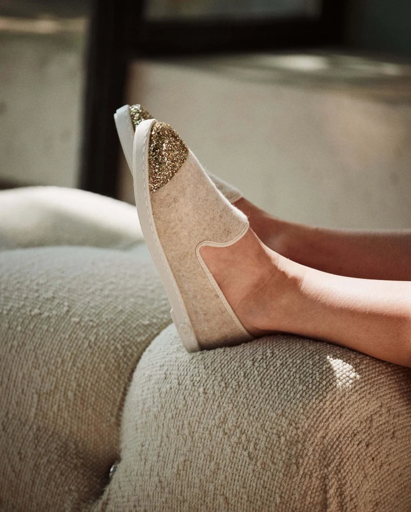 Chausson femme Bruson, laine beige paillettes