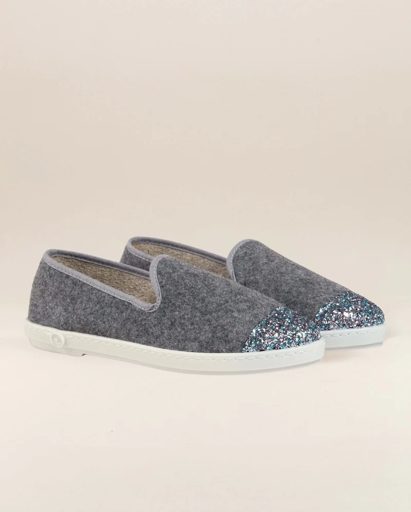 Chausson femme Bruson, laine gris paillettes