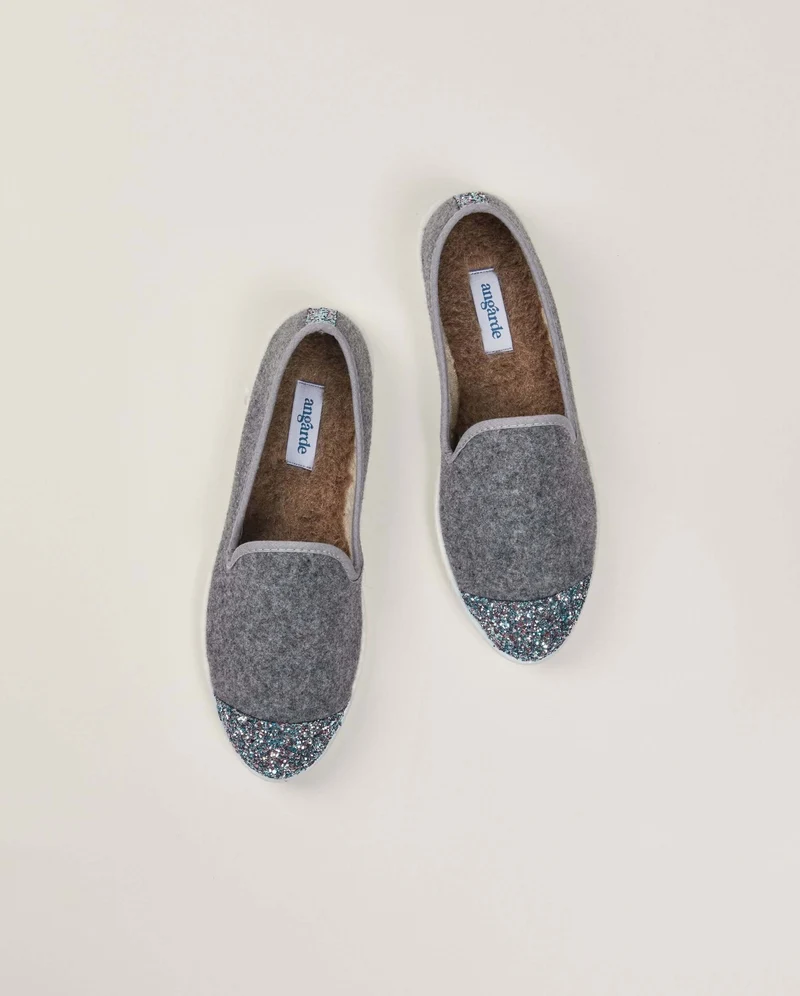 Chausson femme Bruson, laine gris paillettes