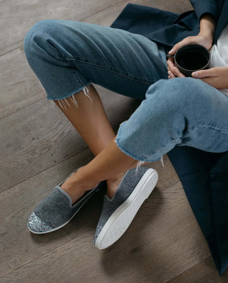 Chausson femme Bruson, laine gris paillettes