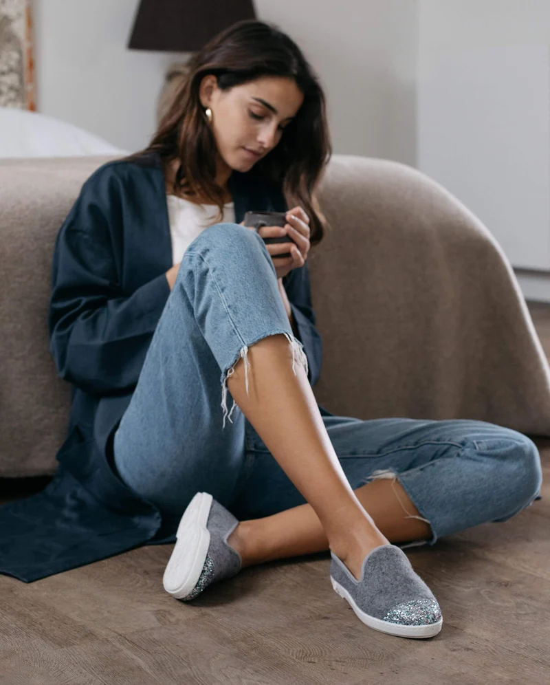 Chausson femme Bruson, laine gris paillettes