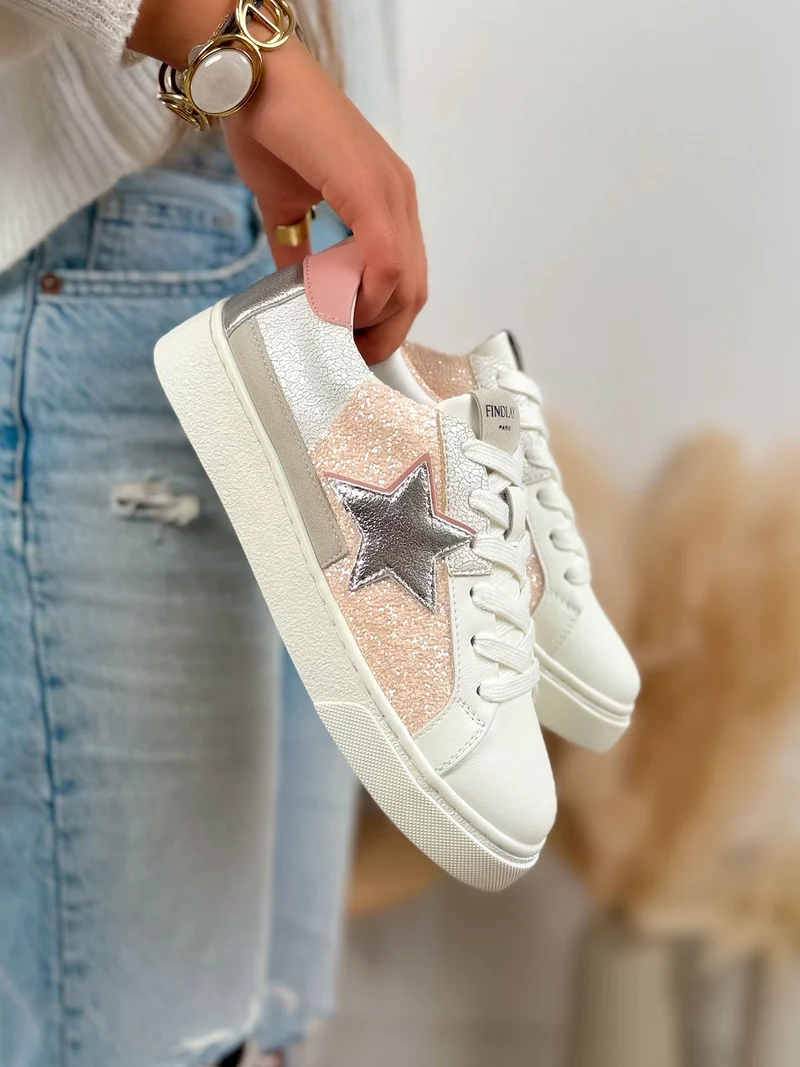 Basket femme blanche tendance à paillettes roses avec étoile argentée et plateforme