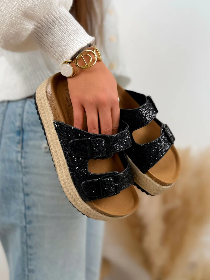 Mule femme noire pailletée tendance à double brides avec boucles et semelle effet osier