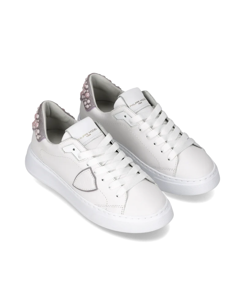 Sneakers Temple Tennis Women, White Pink with pearls