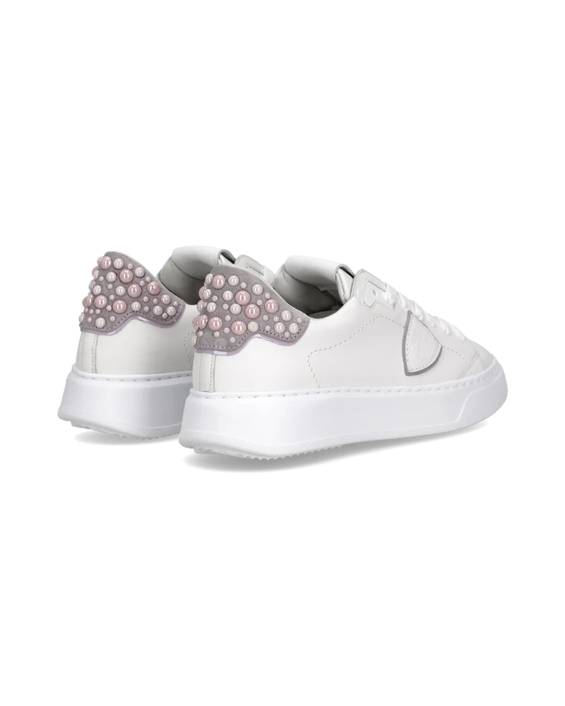 Sneakers Temple Tennis Women, White Pink with pearls
