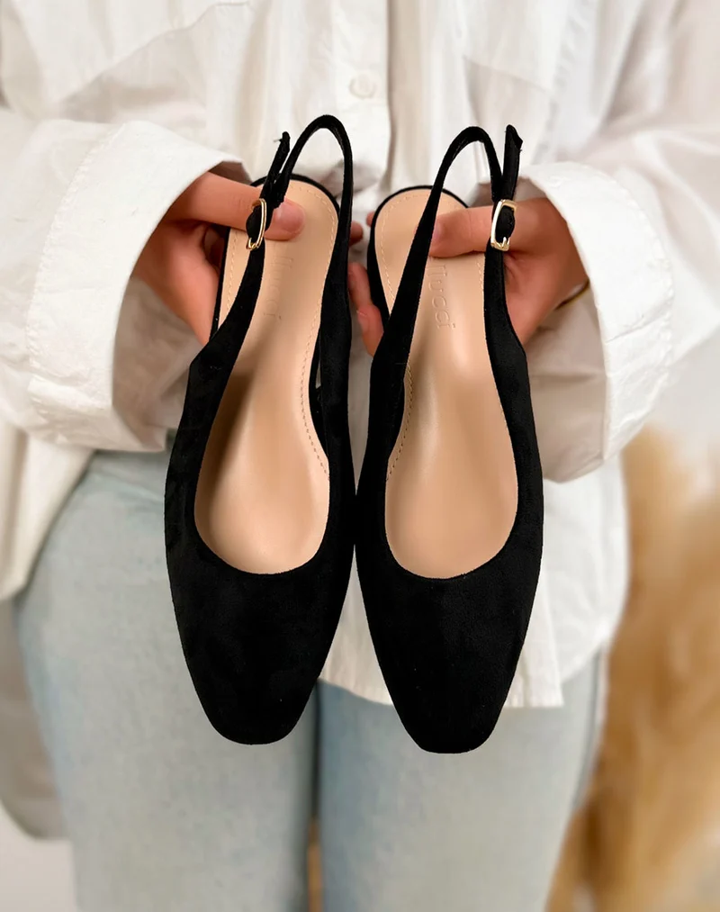 Escarpins plats femme noirs élégants en suédine à bride ajustable