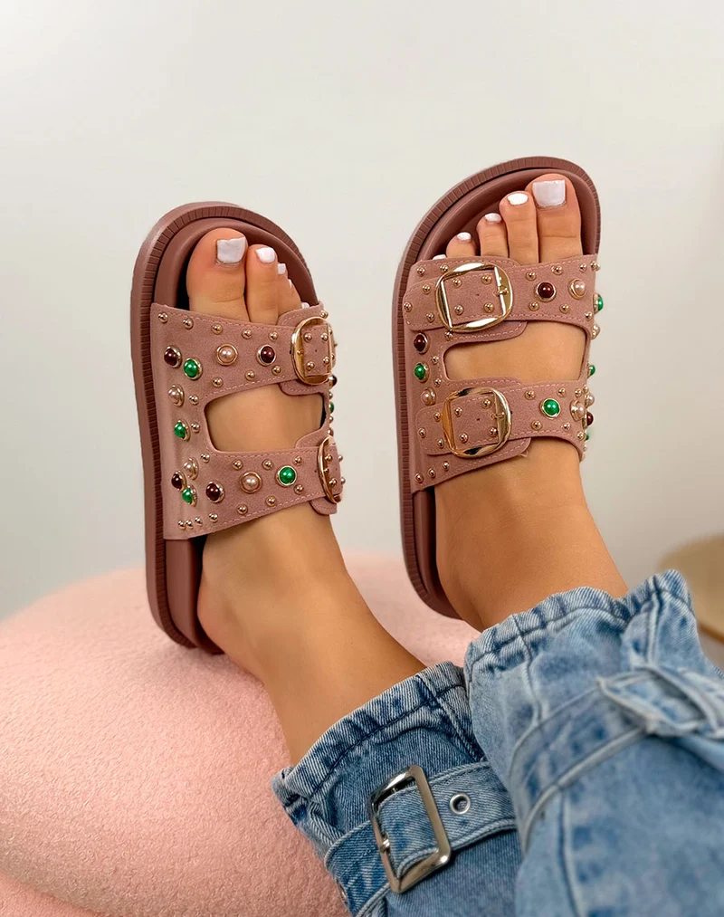 Mules femme rose poudré élégante à double boucle avec perles colorées