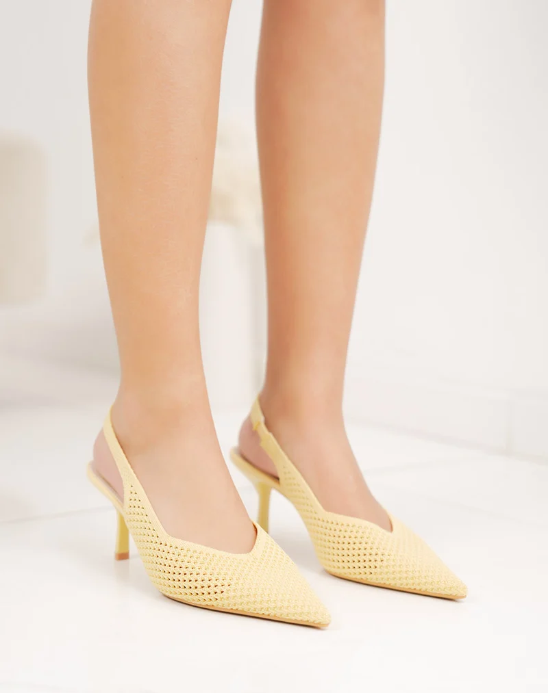 Escarpin femme jaune tissé à bout pointu et talon aiguille