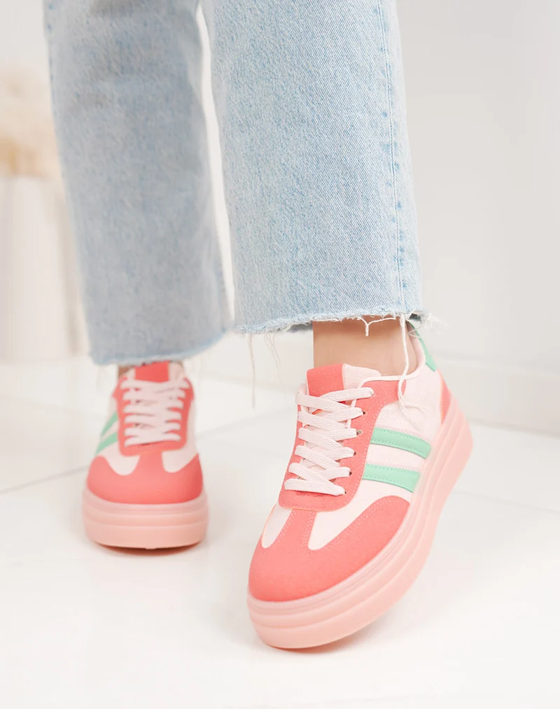 Basket femme rose tendance à double plateforme avec rayures vertes