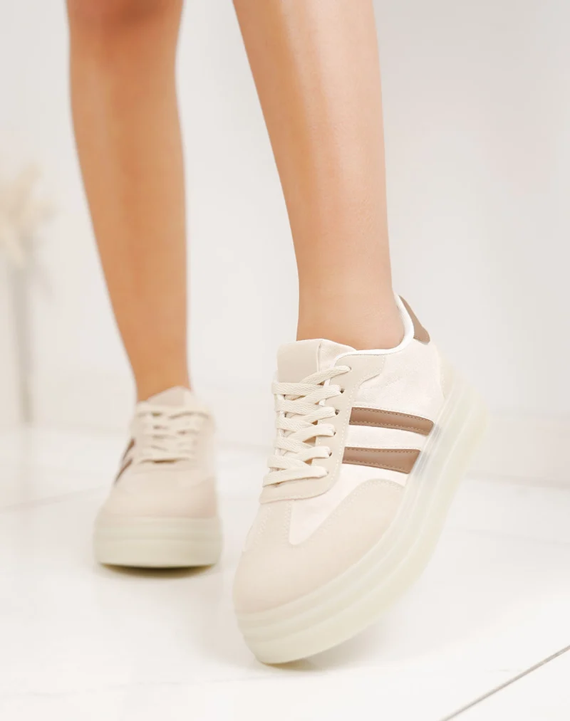 Basket femme beige tendance à double plateforme avec rayures marron