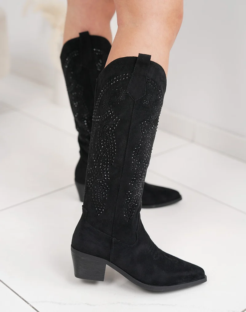 Santiags femme noires à strass en suédine avec bout pointu et talon épais chic