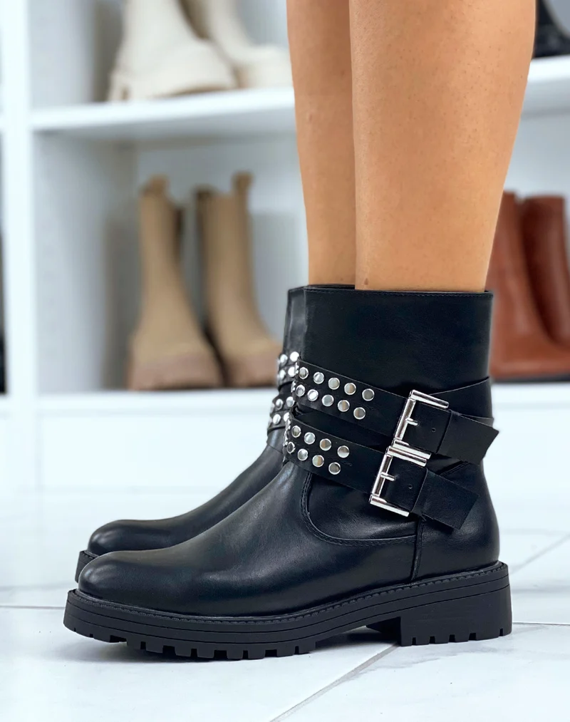 Bottines montantes noires à lanières cloutées
