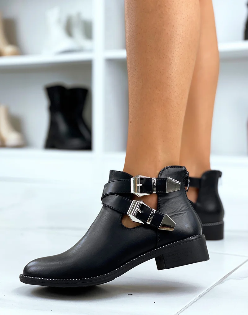 Bottines noires ajourées à sangles entrelacées