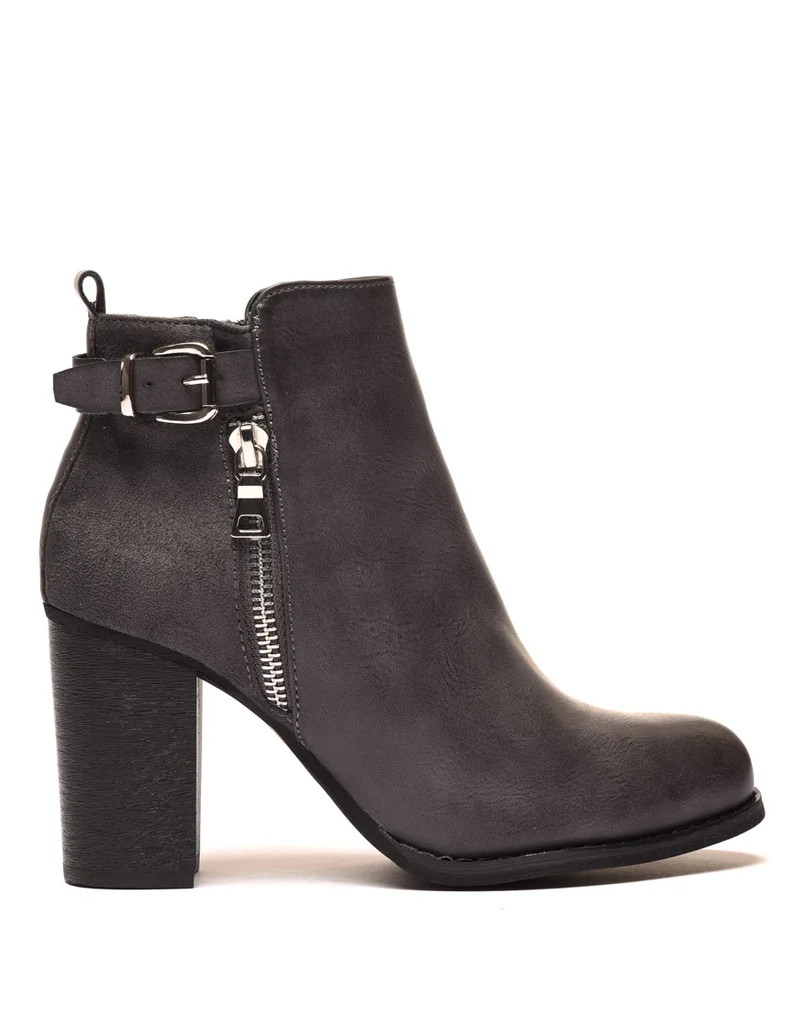 Bottines à talons grises bi matières avec sangle