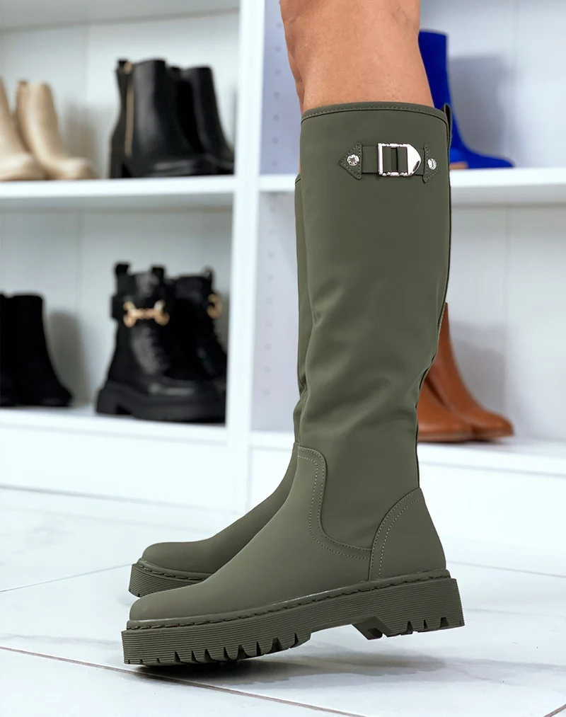Bottes montantes Kaki à semelles plates à détails argentés
