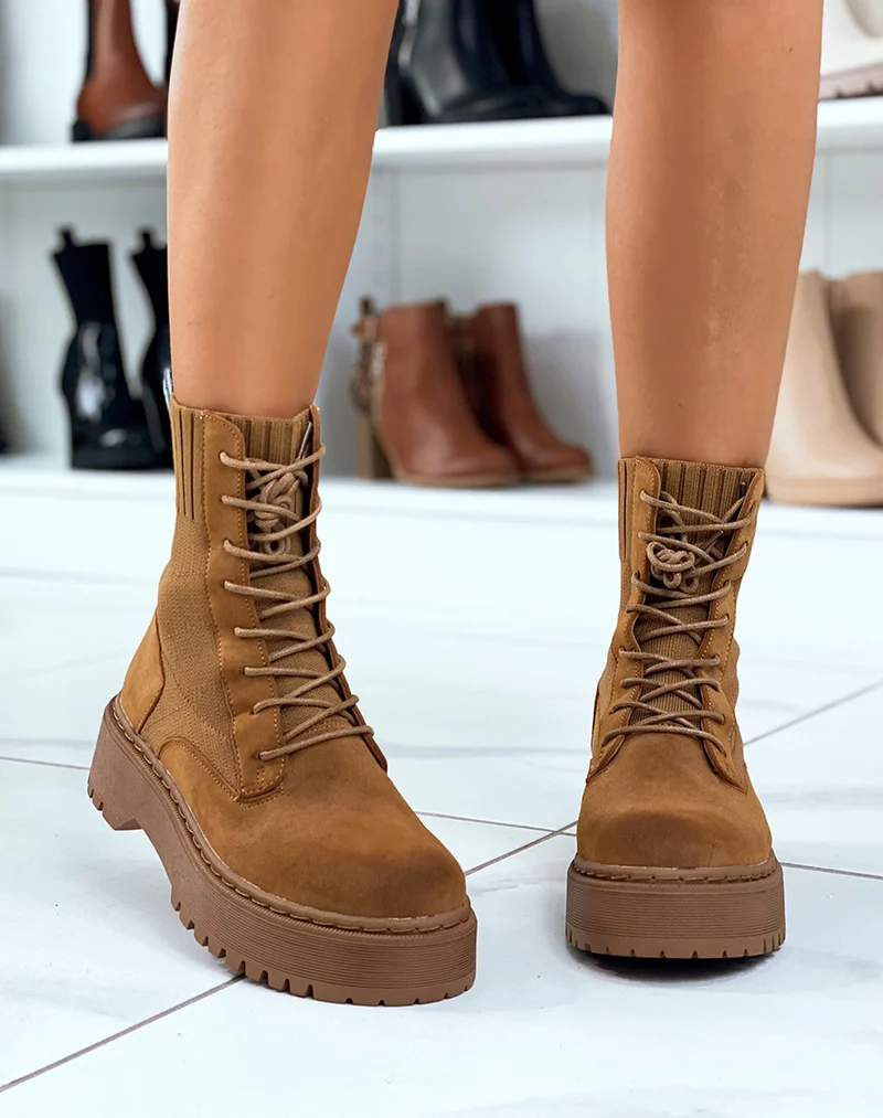 Bottines chaussette camel à semelle épaisse