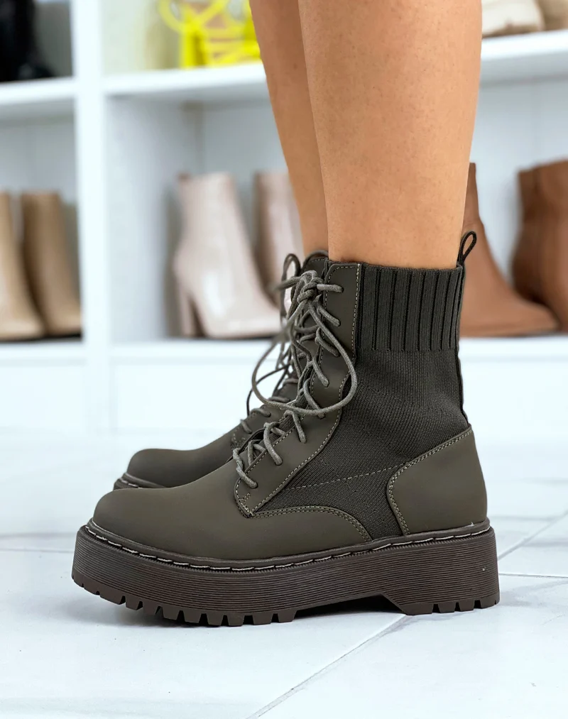 Bottines chaussettes kaki à semelle épaisse