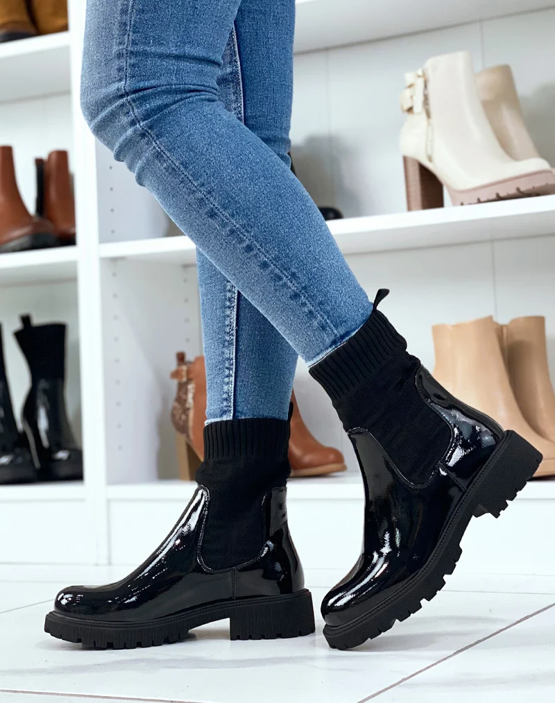 Bottines style chelsea noires vernies effet chaussette