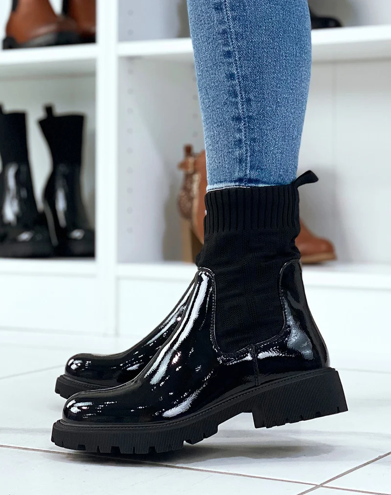 Bottines style chelsea noires vernies effet chaussette