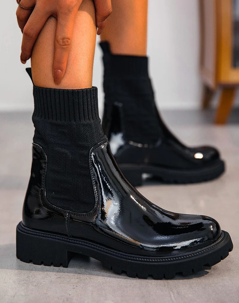 Bottines style chelsea noires vernies effet chaussette