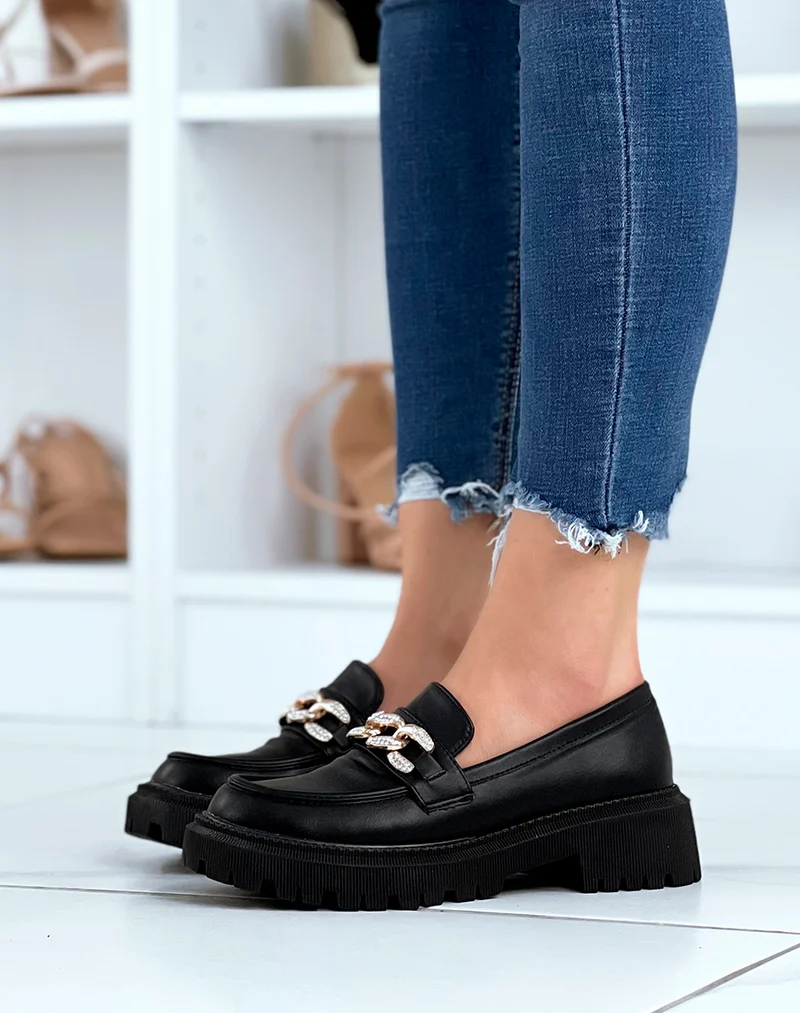 Mocassins noirs à chaîne dorée à strass et semelle crantée