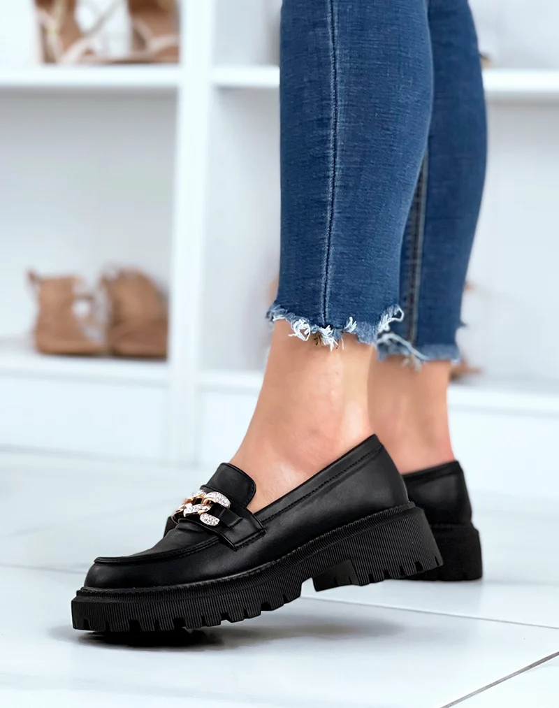 Mocassins noirs à chaîne dorée à strass et semelle crantée